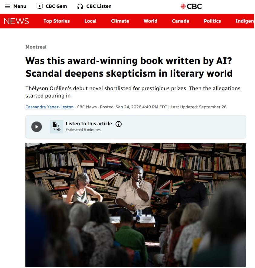 AIによる執筆疑惑を論じるカナダのラジオ局「CBC」のニュースサイト（『Was this award-winning book written by AI? Scandal deepens skepticism in literary world』より引用）